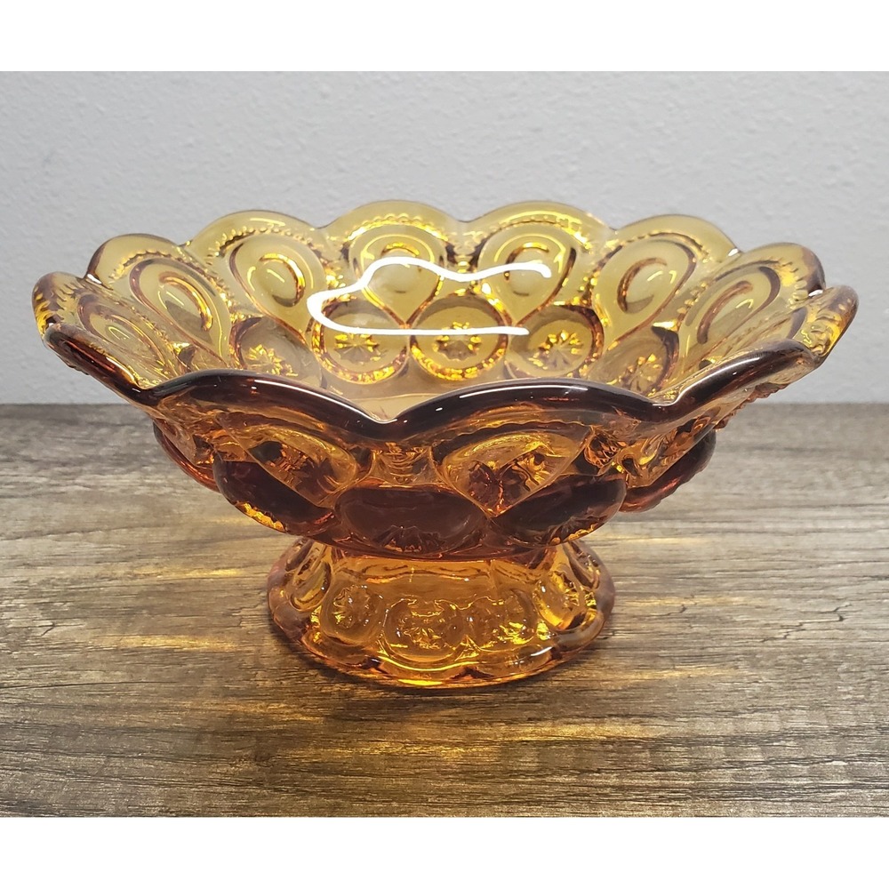 LE Smithβ Moon and Stars Amber Glass Compote Bowl 7.5" Collectible EUC
